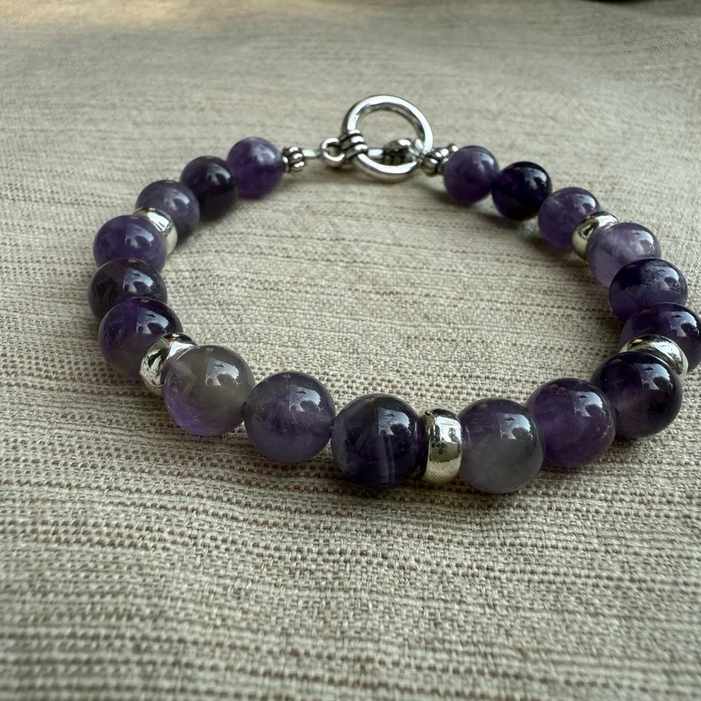 Genuine Amethyst Gemstone 8mm Beaded Bracelet with Silver Accents